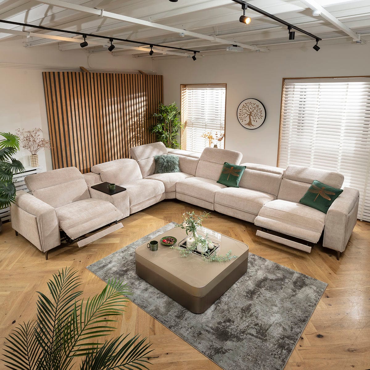 Canapé d'angle Florance 6 places avec fauteuil inclinable quadruple et console de rangement, gris mastic, 391 x 342 cm