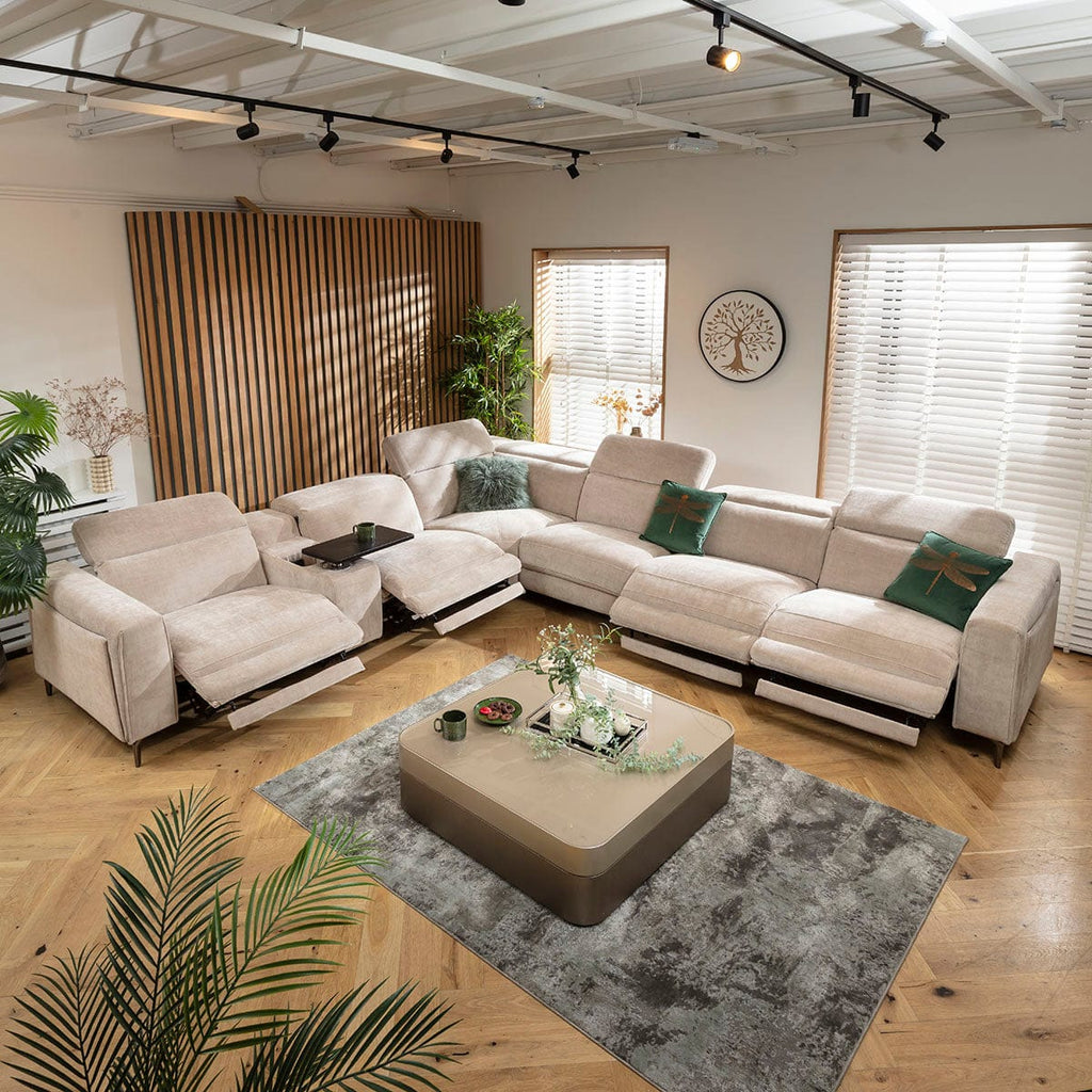 Canapé d'angle Florance 6 places avec fauteuil inclinable quadruple et console de rangement, gris mastic, 391 x 342 cm