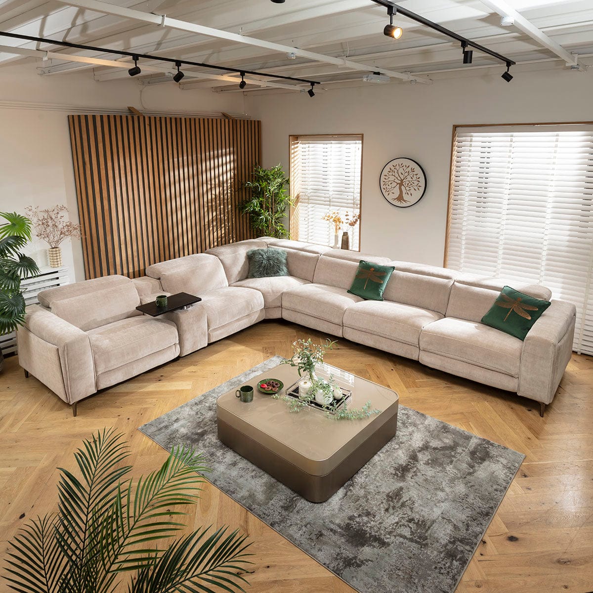 Canapé d'angle inclinable 6 places Florance avec console de rangement, gris mastic, 391 x 342 cm