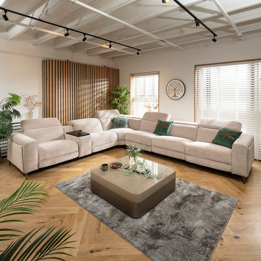 Canapé d'angle inclinable 6 places Florance avec console de rangement, gris mastic, 391 x 342 cm