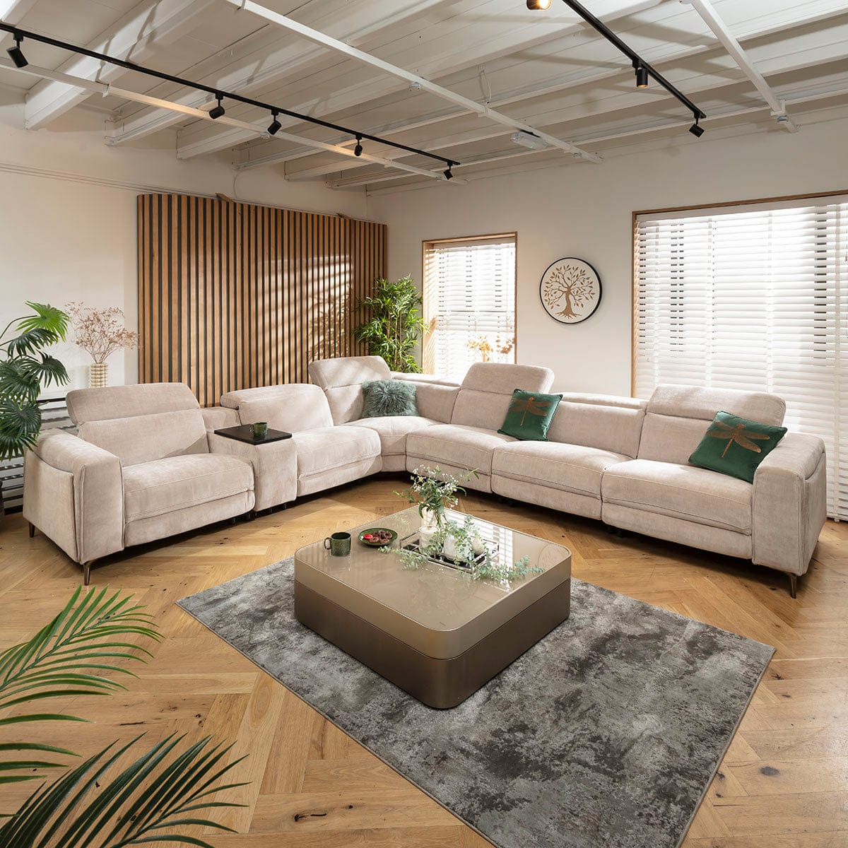 Canapé d'angle inclinable 6 places Florance avec console de rangement, gris mastic, 391 x 342 cm