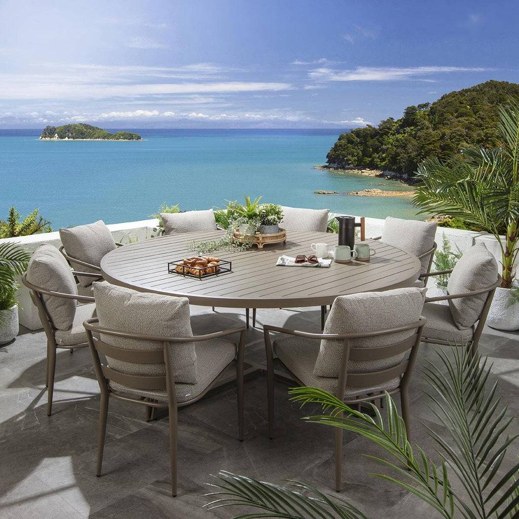 Ensemble de salle à manger de jardin rond Mia 8 places, aluminium crème et beige