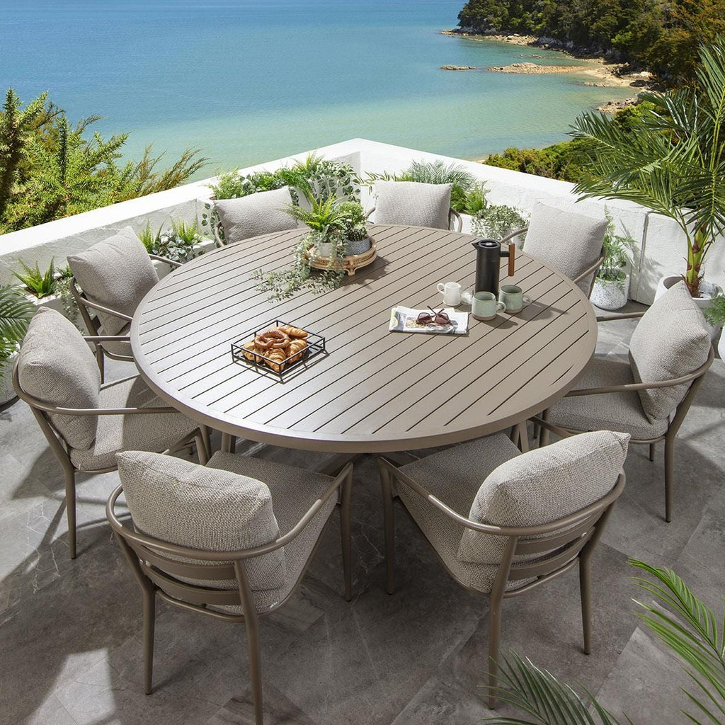 Ensemble de salle à manger de jardin rond Mia 8 places, aluminium crème et beige