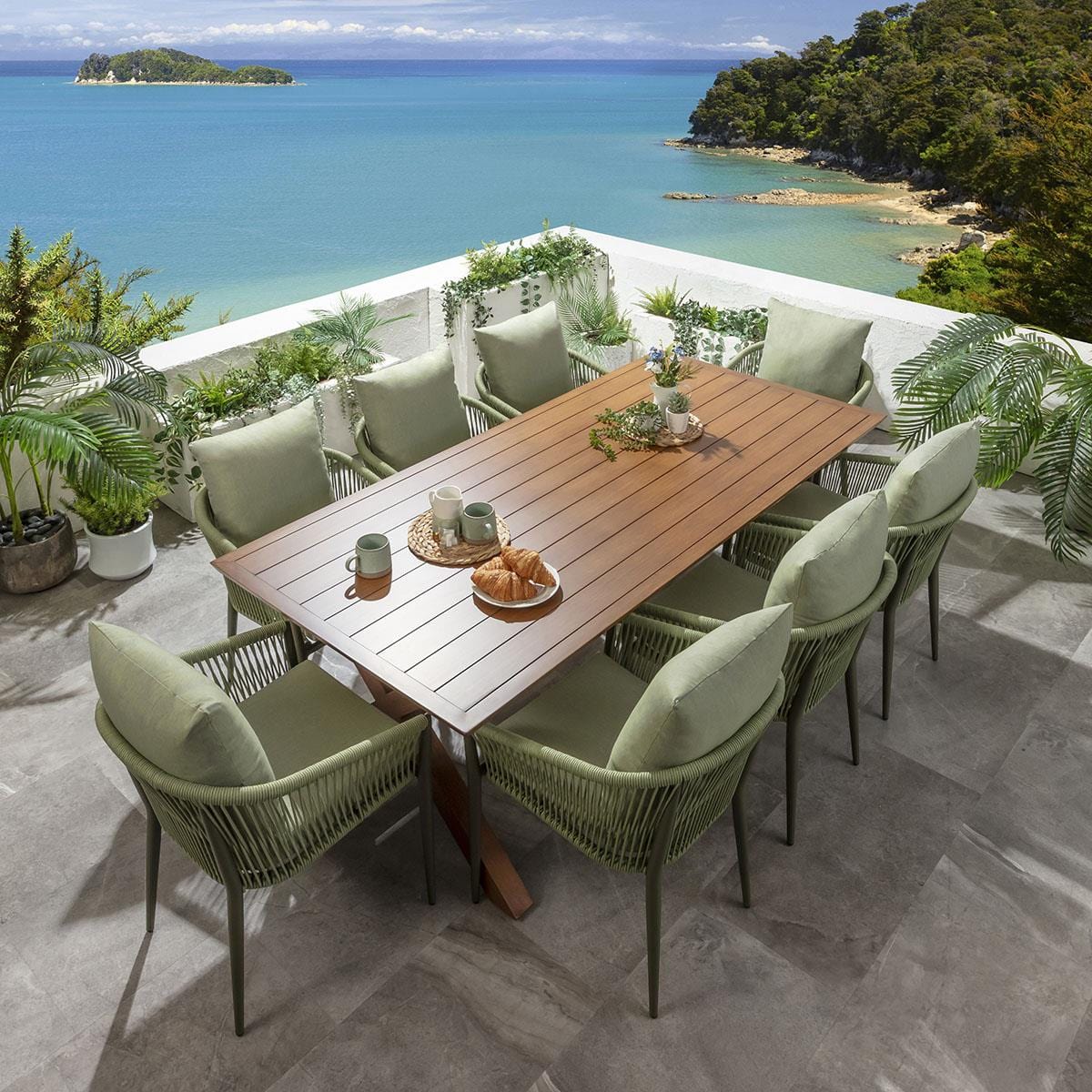 Ensemble de salle à manger de jardin Cole 8 places, aluminium effet bois vert et chêne