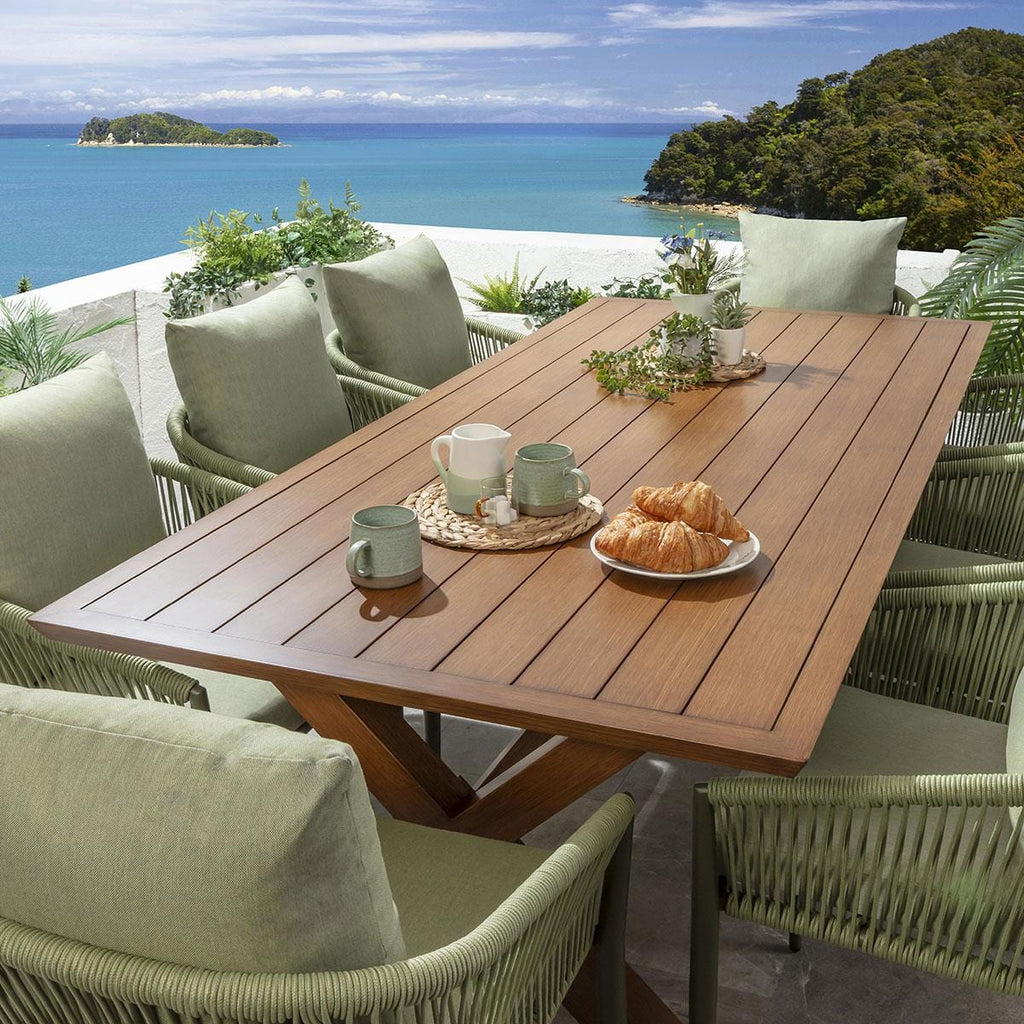 Ensemble de salle à manger de jardin Cole 8 places, aluminium effet bois vert et chêne