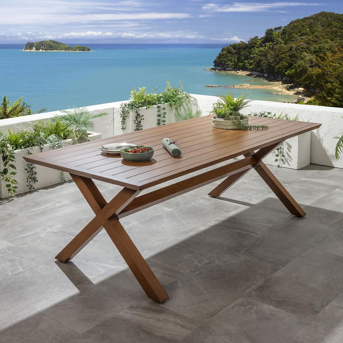 Ensemble de salle à manger de jardin Cole 8 places, aluminium effet bois vert et chêne