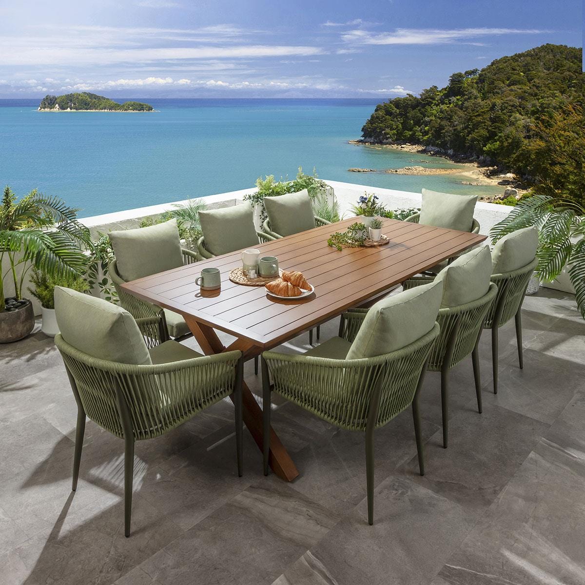 Ensemble de salle à manger de jardin Cole 8 places, aluminium effet bois vert et chêne