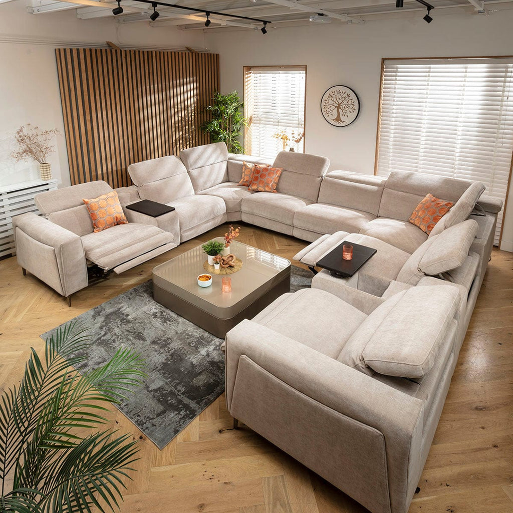 Canapé d'angle Florance 8 places avec fauteuils inclinables quadruples et console de rangement, gris mastic, 408 x 342 cm