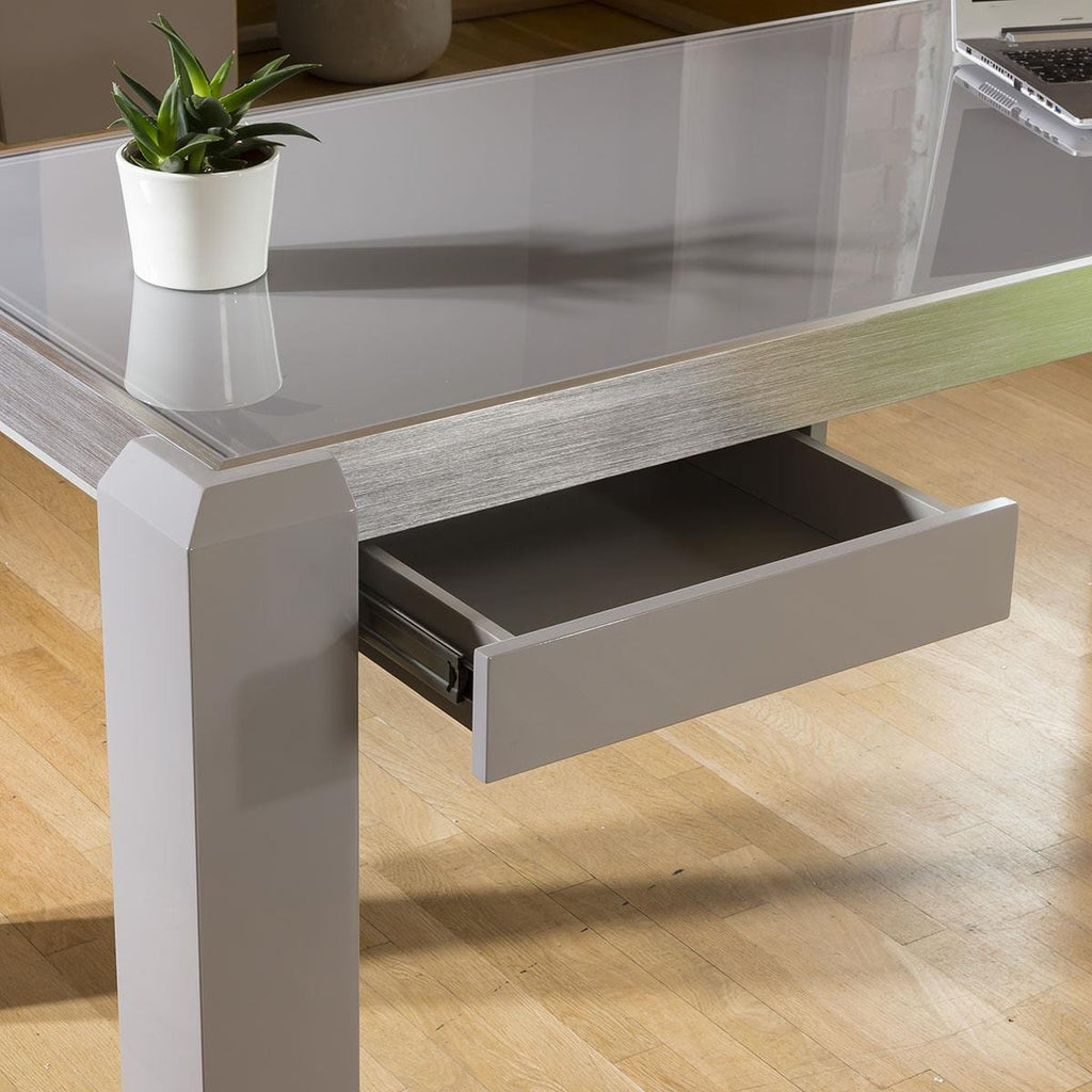 Bureau design moderne / Poste de travail gris brillant, plateau en verre gris 1,8 m