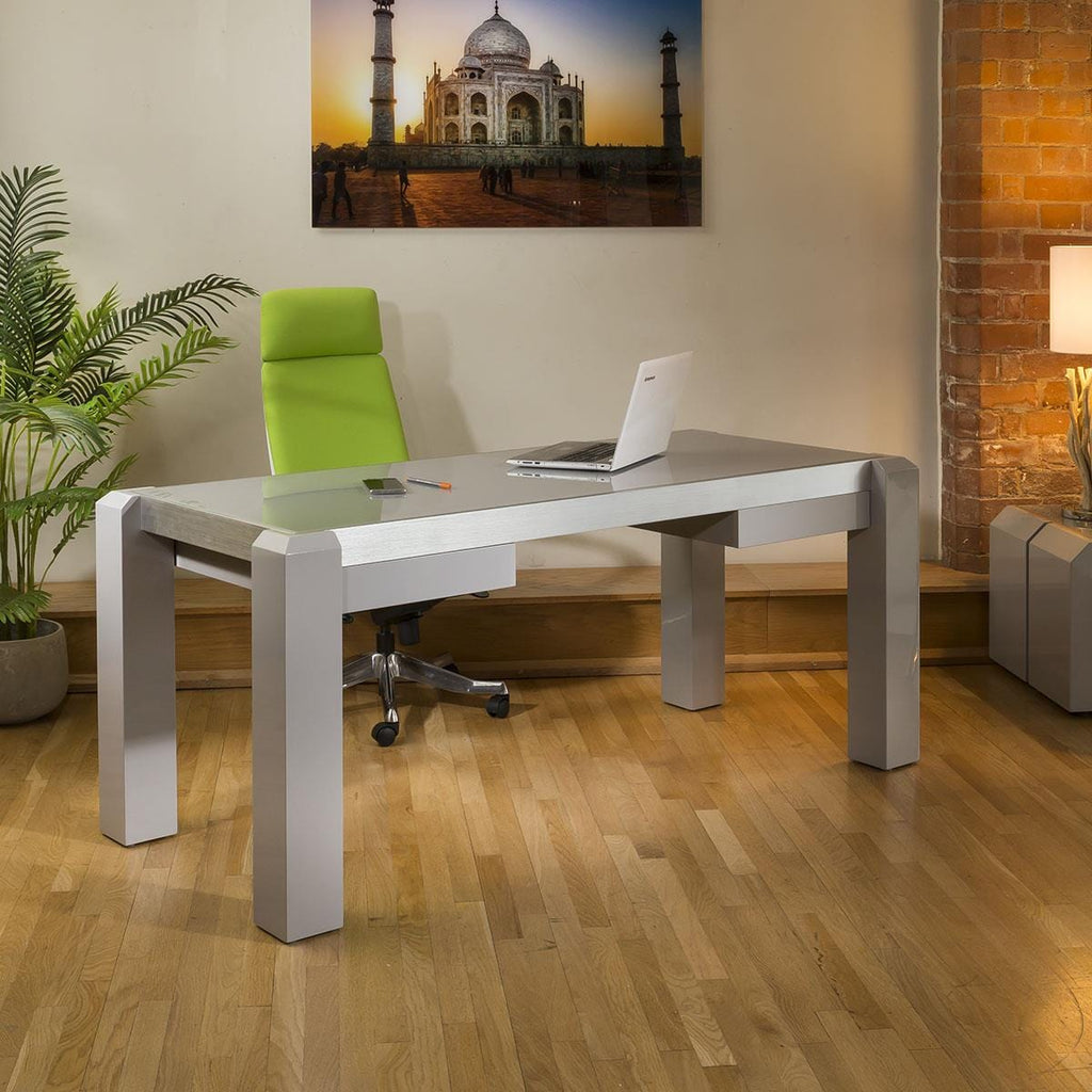 Bureau design moderne / Poste de travail gris brillant, plateau en verre gris 1,8 m