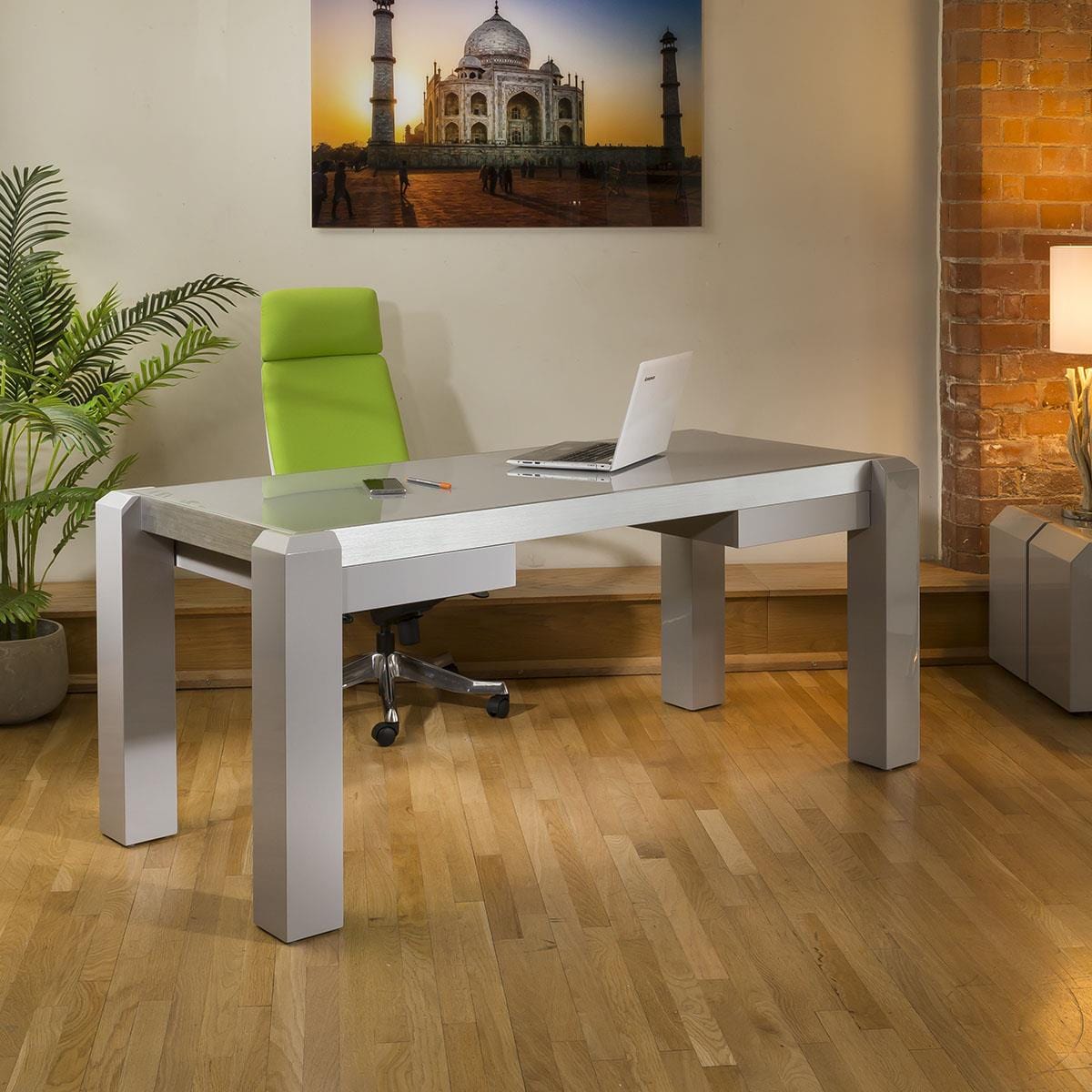 Bureau design moderne / Poste de travail gris brillant, plateau en verre gris 1,8 m