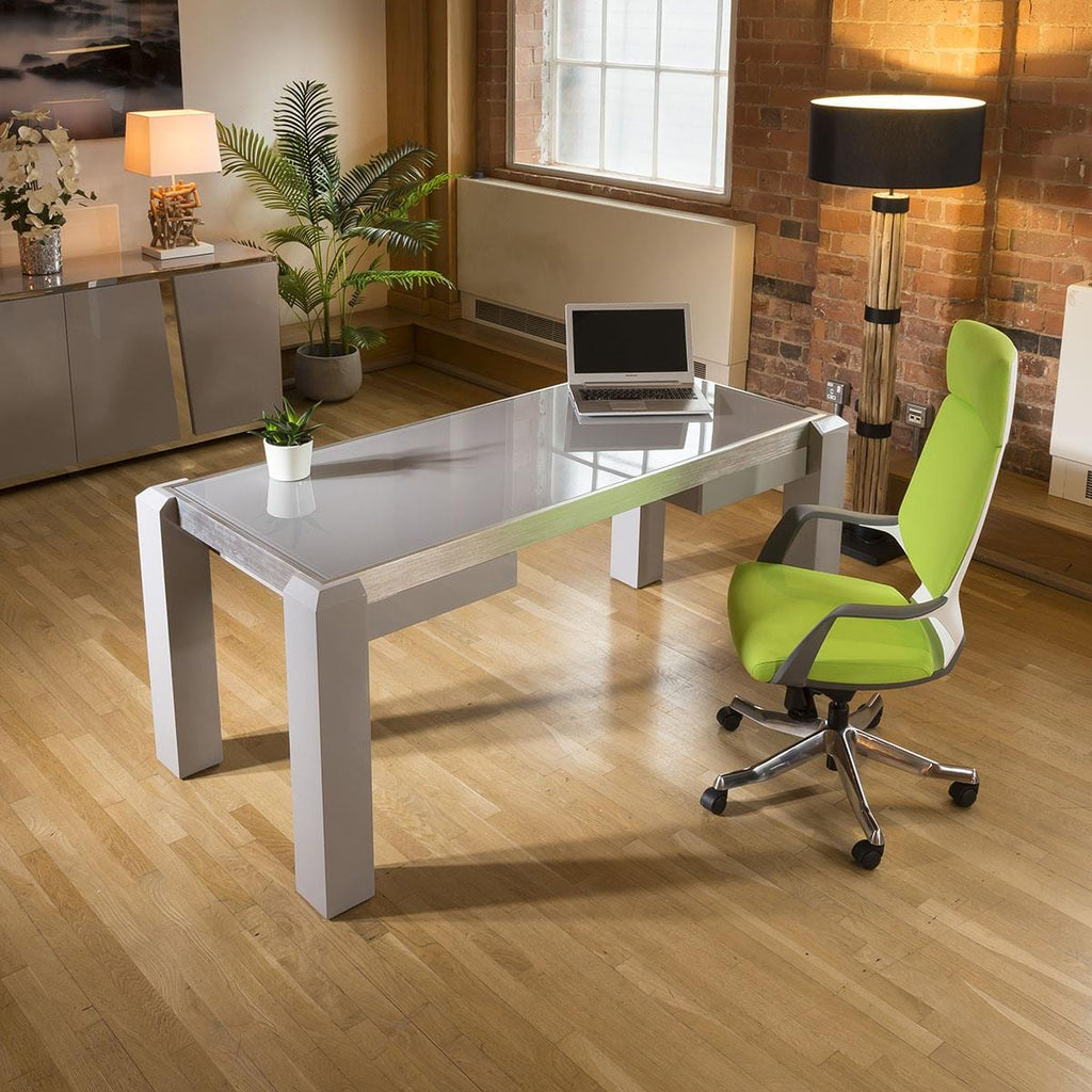 Bureau design moderne / Poste de travail gris brillant, plateau en verre gris 1,8 m