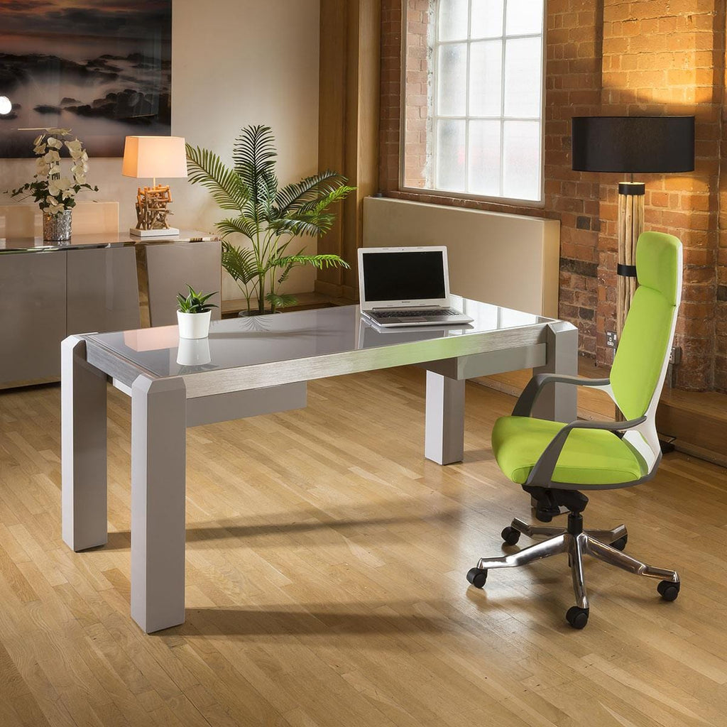 Bureau design moderne / Poste de travail gris brillant, plateau en verre gris 1,8 m