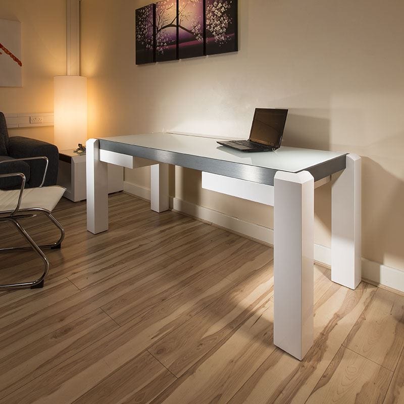 Bureau design moderne / Poste de travail blanc brillant / Plateau en verre 1,8 m Neuf