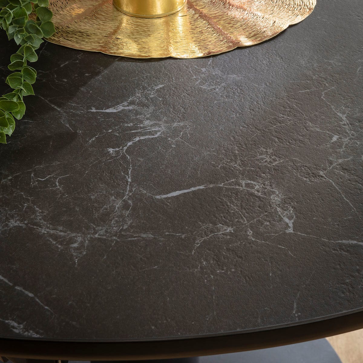 Table de salle à manger ovale ronde extensible Venus, en céramique effet marbre noir, 120-160 cm