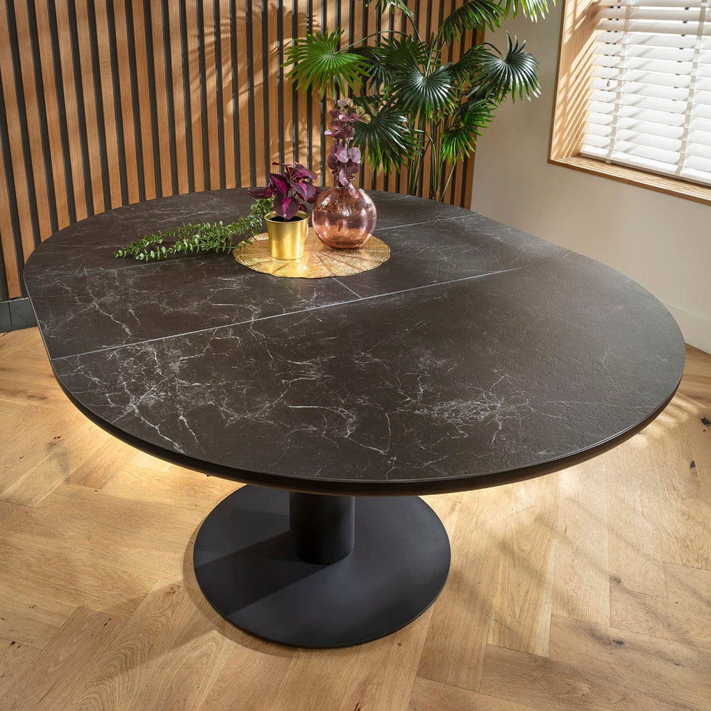 Table de salle à manger ovale ronde extensible Venus, en céramique effet marbre noir, 120-160 cm
