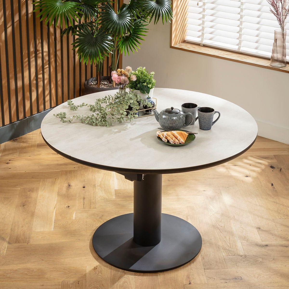 Table de salle à manger ovale ronde extensible Venus, en céramique effet pierre gris clair, 120-160 cm