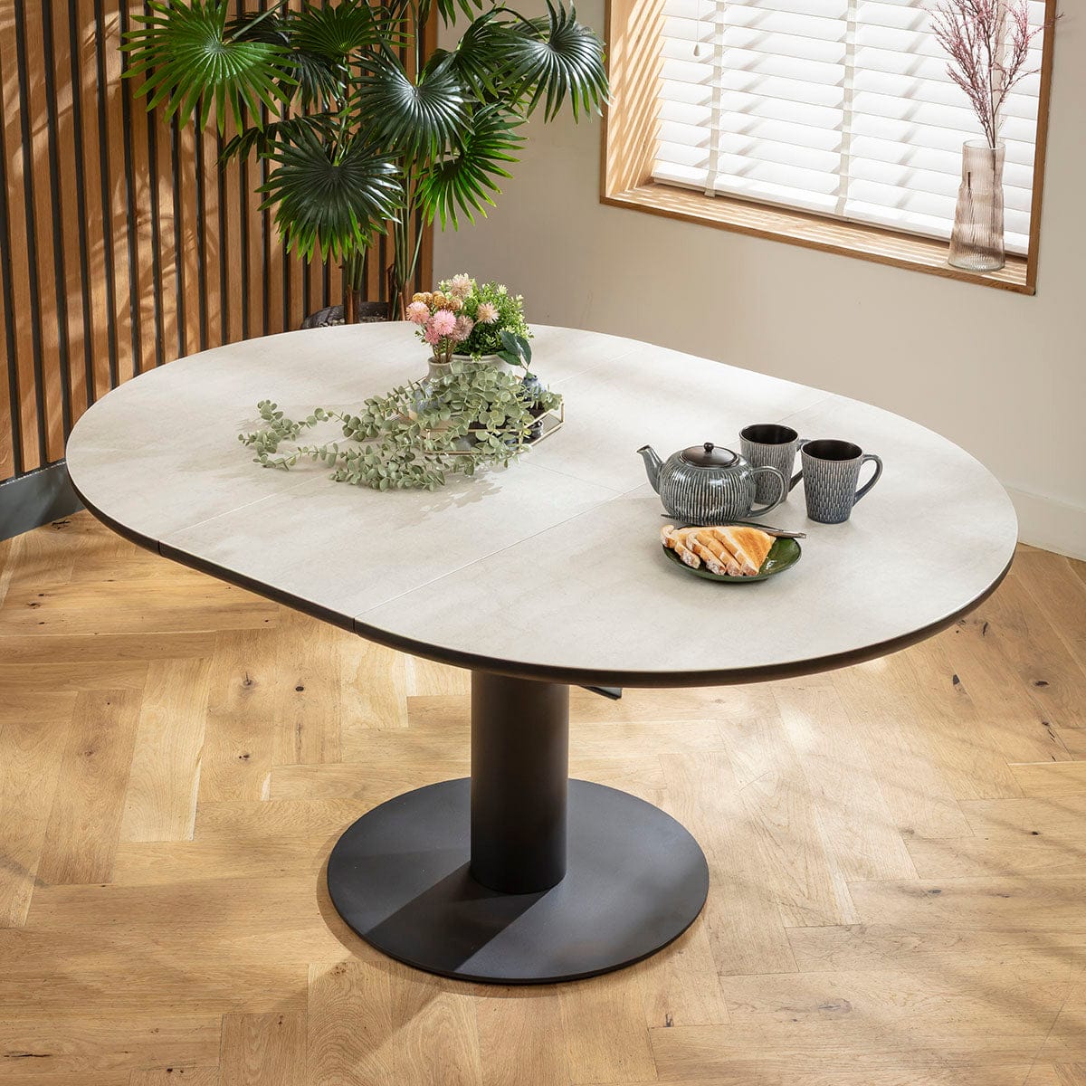 Table de salle à manger ovale ronde extensible Venus, en céramique effet pierre gris clair, 120-160 cm