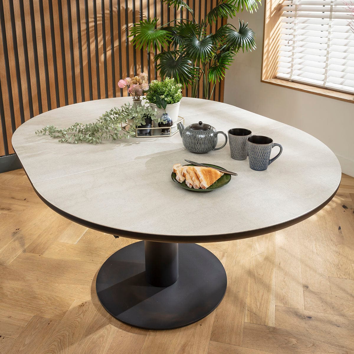 Table de salle à manger ovale ronde extensible Venus, en céramique effet pierre gris clair, 120-160 cm