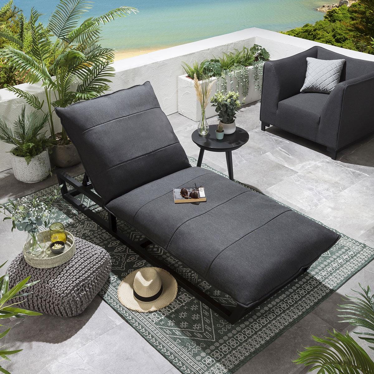 Ocean Cushioned Sun Lounger Sooty Grey 212x84cm