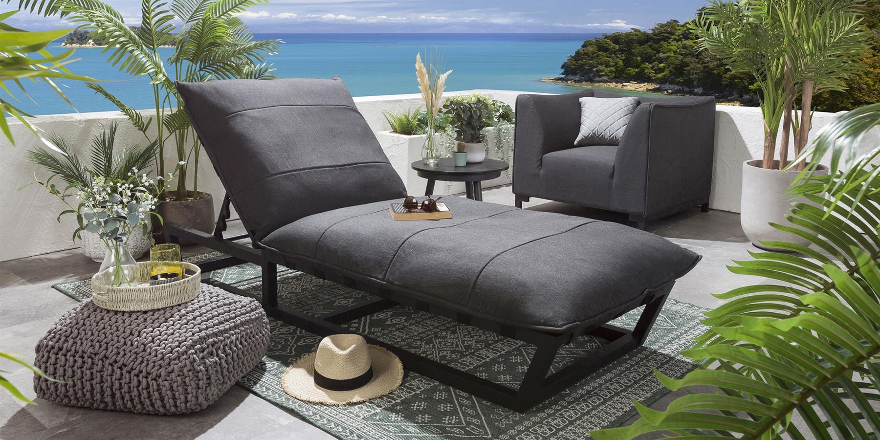 Ocean Cushioned Sun Lounger Sooty Grey 212x84cm