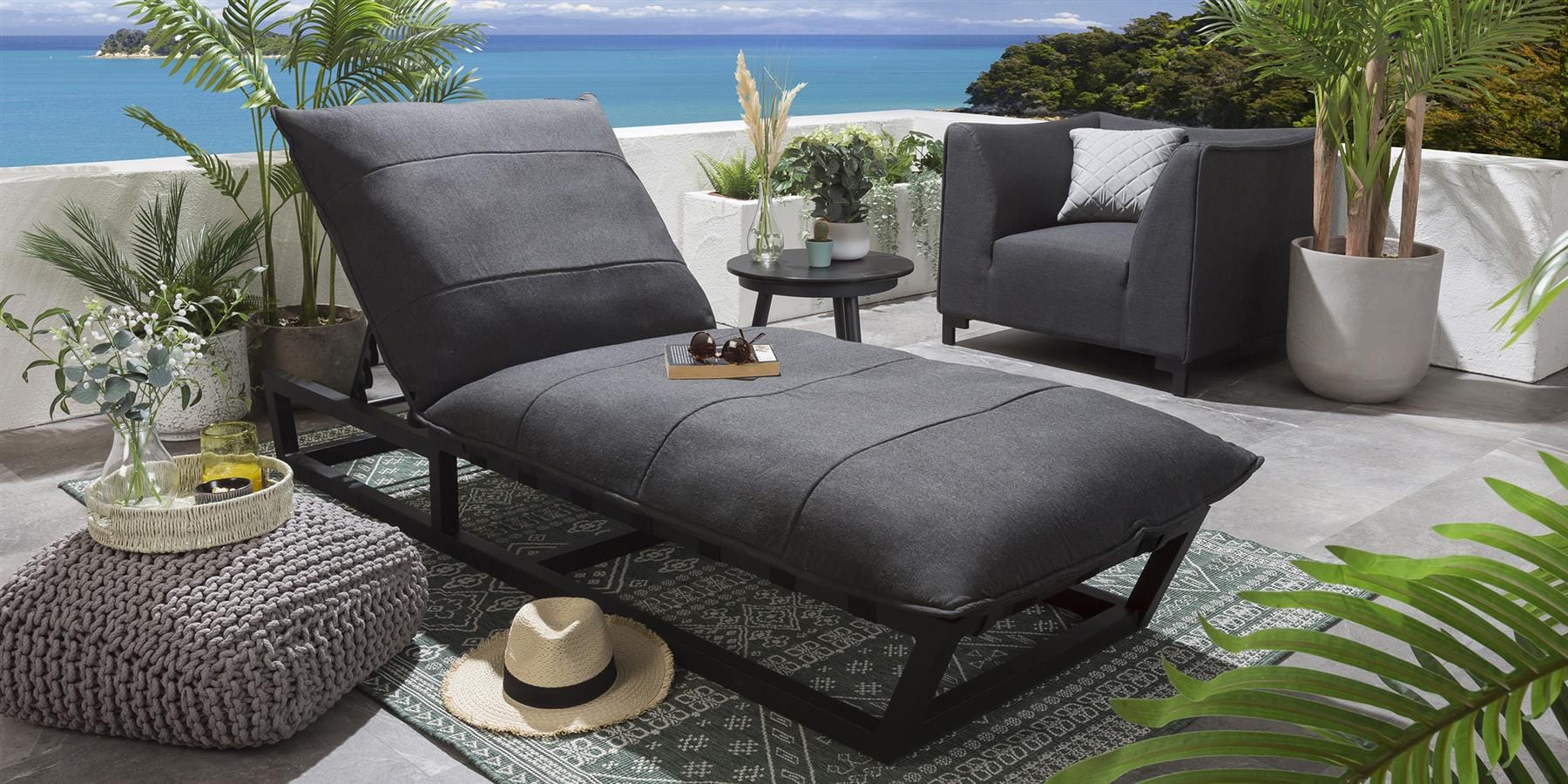 Ocean Cushioned Sun Lounger Sooty Grey 212x84cm