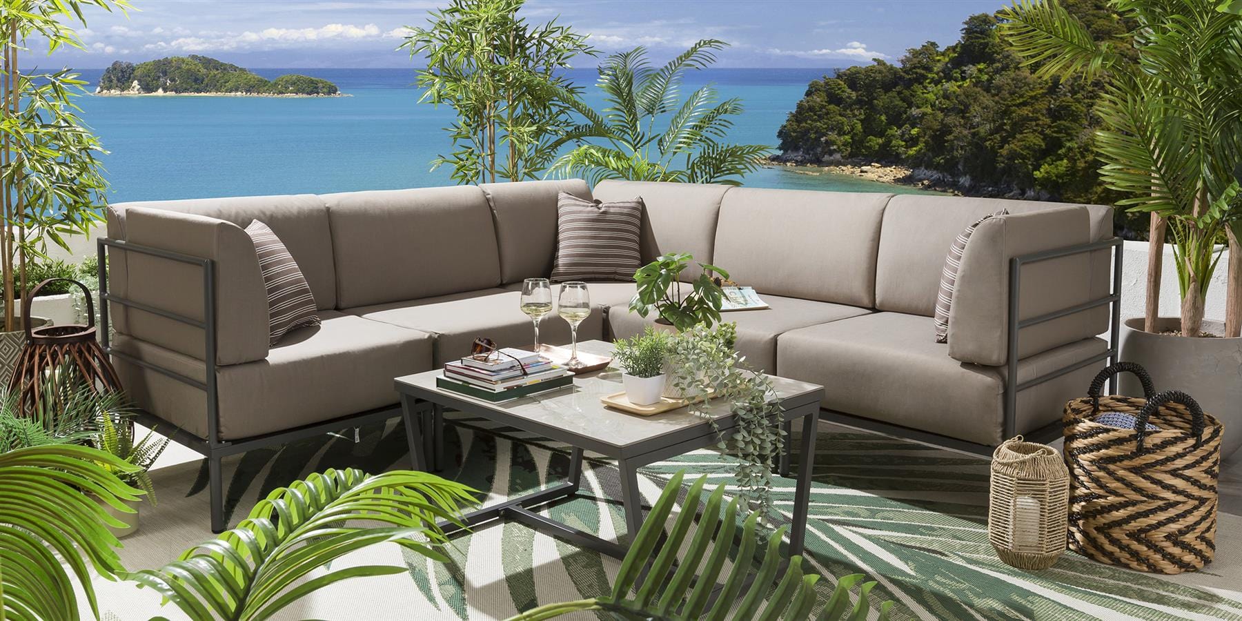 Ensemble canapé d'angle de jardin modulaire Alfie couleur café 216x216cm L6C