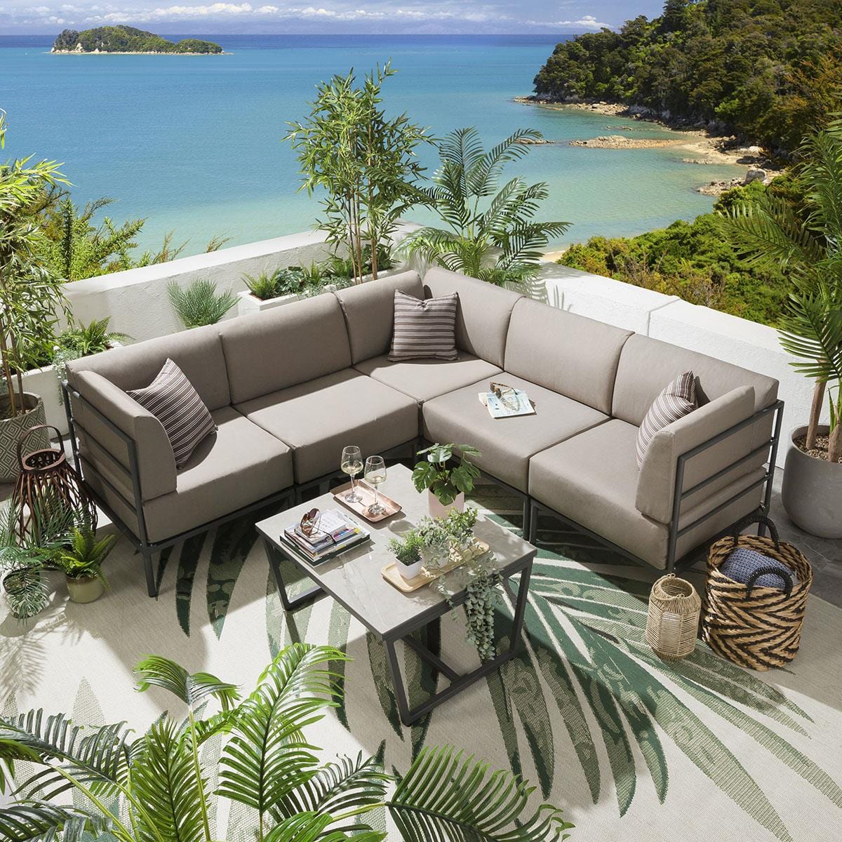 Ensemble canapé d'angle de jardin modulaire Alfie couleur café 216x216cm L6C