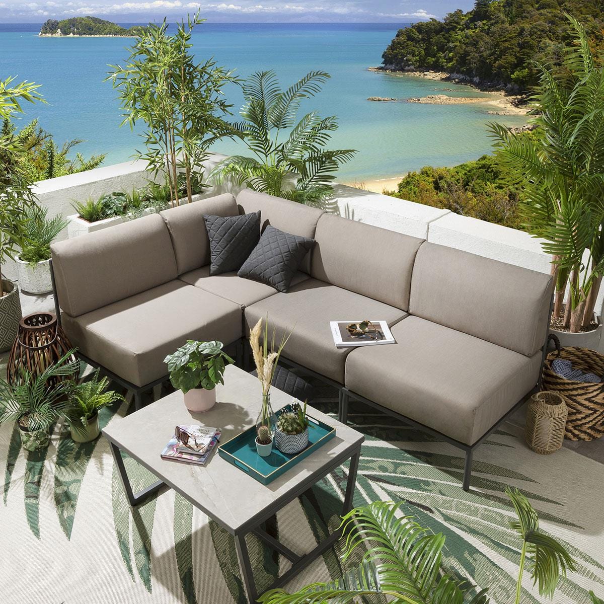 Ensemble canapé d'angle de jardin modulaire Alfie couleur café 216 x 144 cm L5