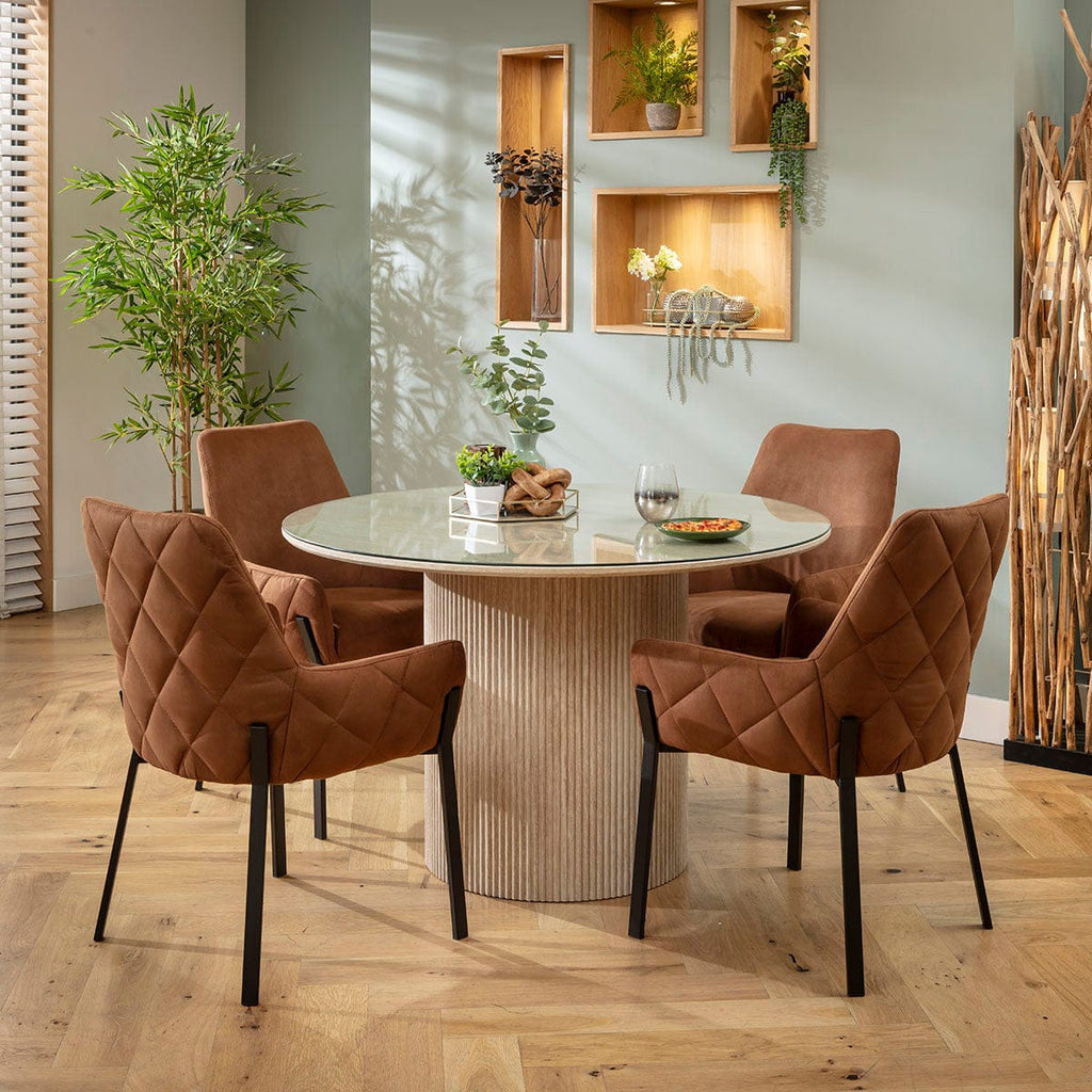 Ensemble de salle à manger rond 4 places Cora &amp; Angelica avec plateau en verre, marron et crème