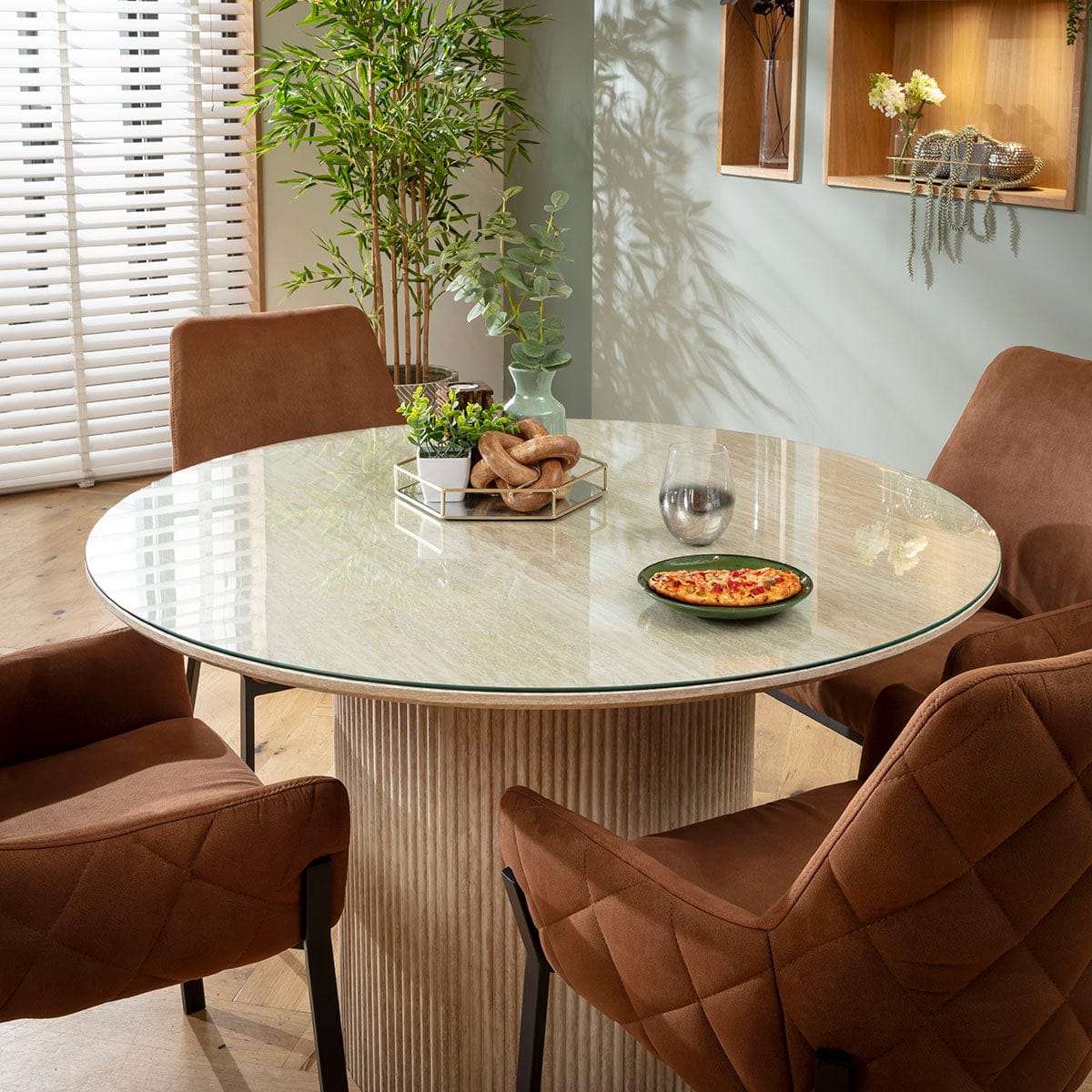 Ensemble de salle à manger rond 4 places Cora &amp; Angelica avec plateau en verre, marron et crème