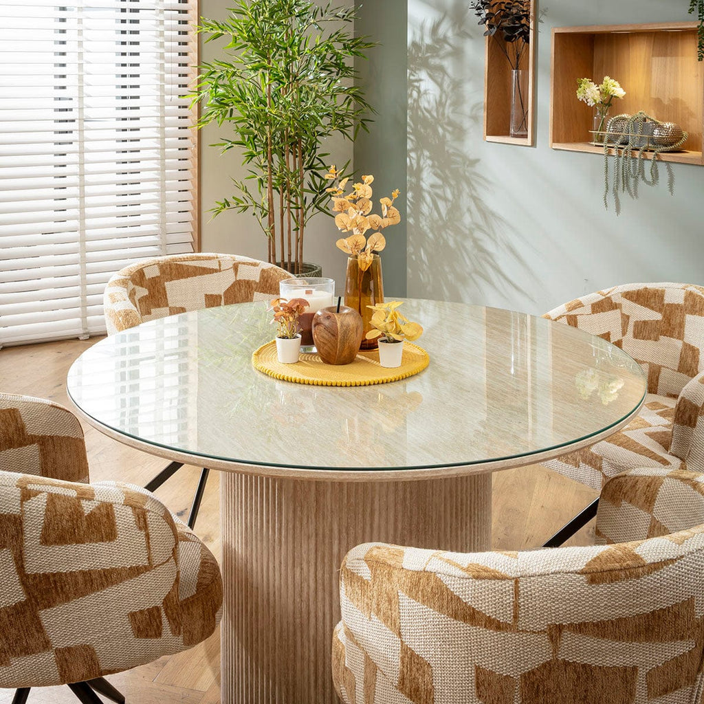 Ensemble de salle à manger rond 4 places Lyla &amp; Angelica avec plateau en verre, jaune et crème