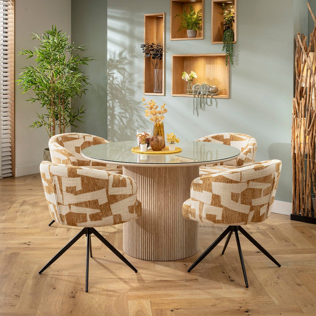 Ensemble de salle à manger rond 4 places Lyla &amp; Angelica avec plateau en verre, jaune et crème