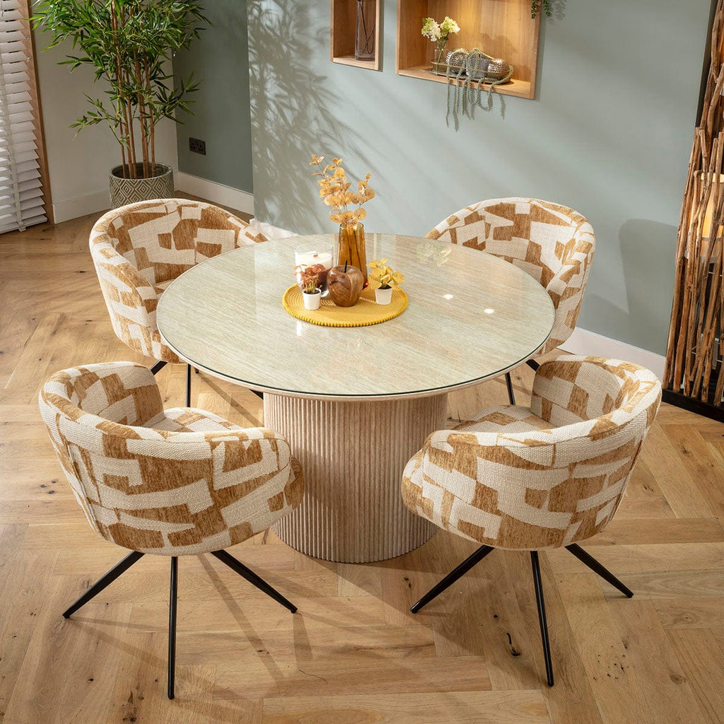 Ensemble de salle à manger rond 4 places Lyla &amp; Angelica avec plateau en verre, jaune et crème