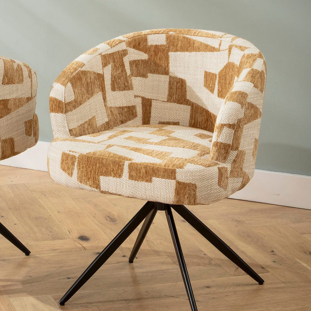 Chaise de salle à manger pivotante moderne Lyla, tissu à motifs crème et moutarde