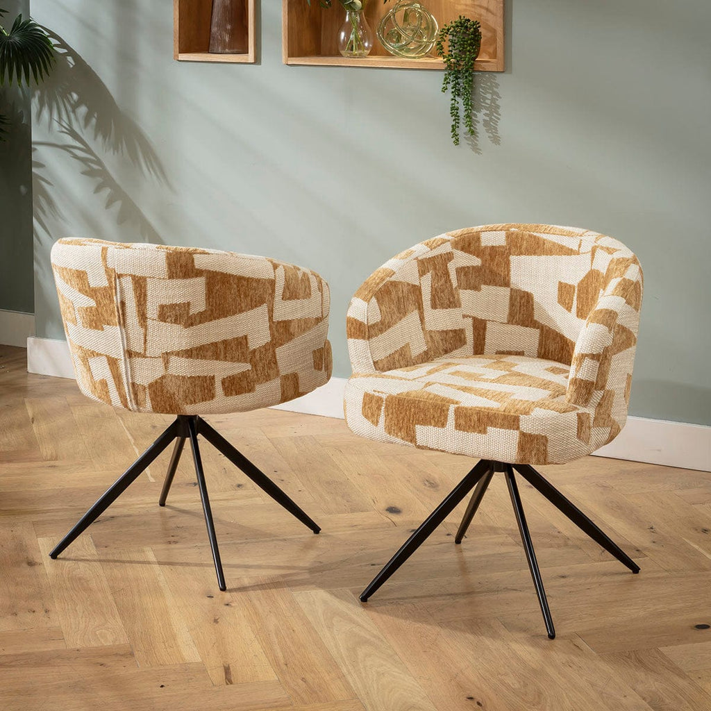 Chaise de salle à manger pivotante moderne Lyla, tissu à motifs crème et moutarde