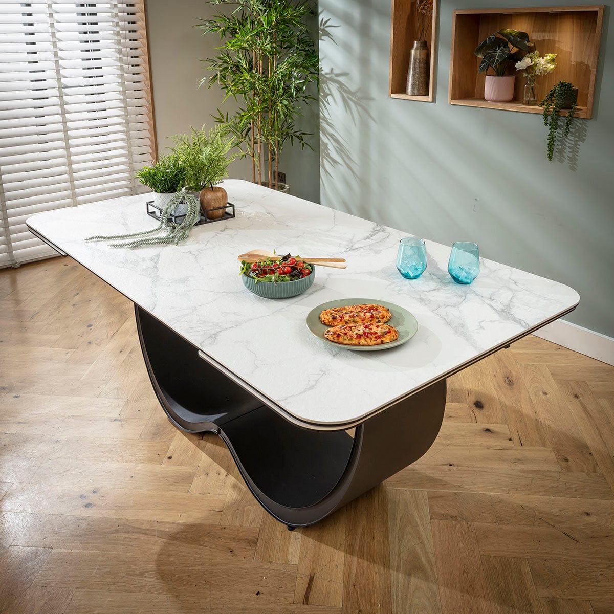 Table de salle à manger extensible Hugo, grand format, en céramique effet marbre blanc, 180-260 cm