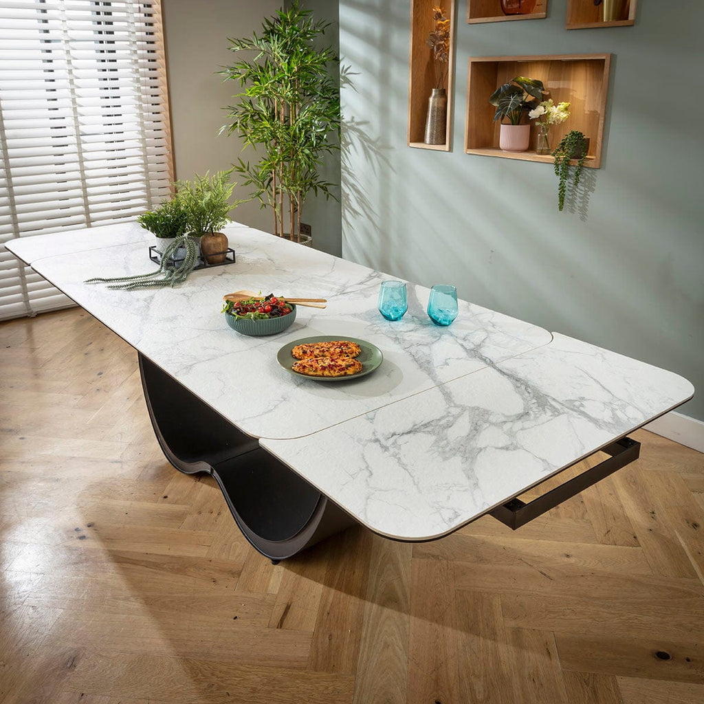 Table de salle à manger extensible Hugo, grand format, en céramique effet marbre blanc, 180-260 cm