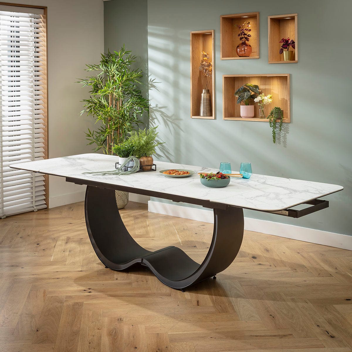 Table de salle à manger extensible Hugo, grand format, en céramique effet marbre blanc, 180-260 cm