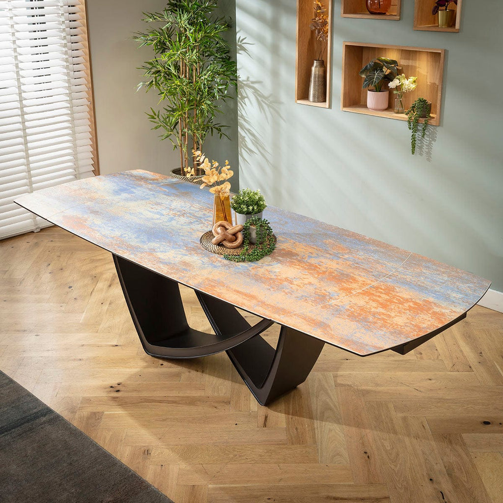 Table de salle à manger extensible Zelda, grand format, motif rustique bleu et orange, céramique, 180-260 cm