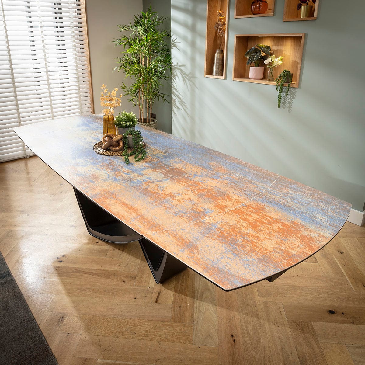 Table de salle à manger extensible Zelda, grand format, motif rustique bleu et orange, céramique, 180-260 cm