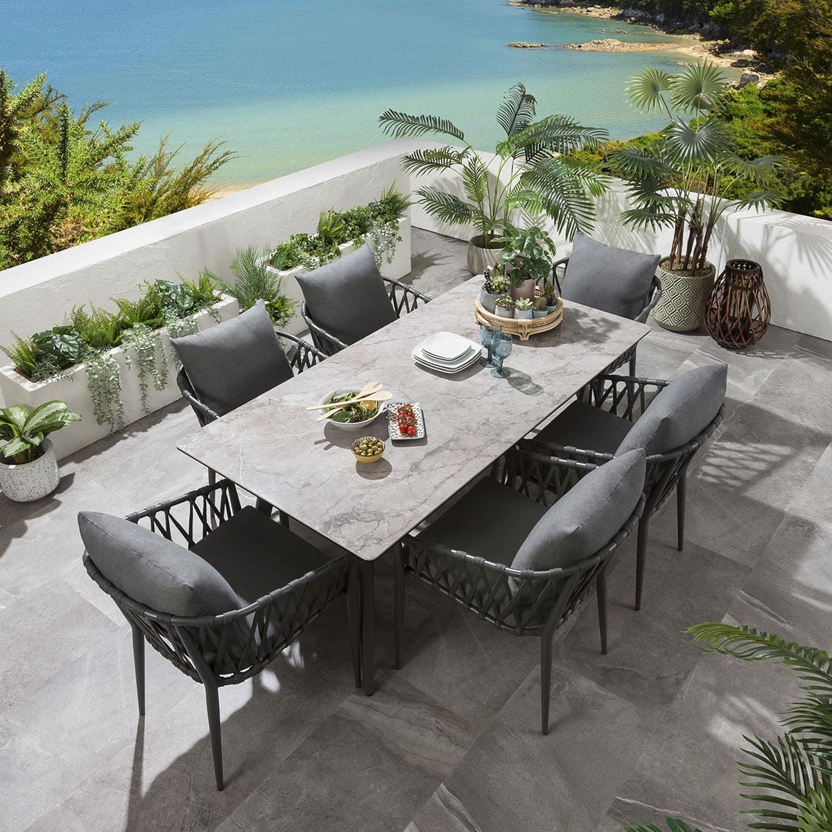 Ensemble de salle à manger de jardin en céramique grise Verity 6 places