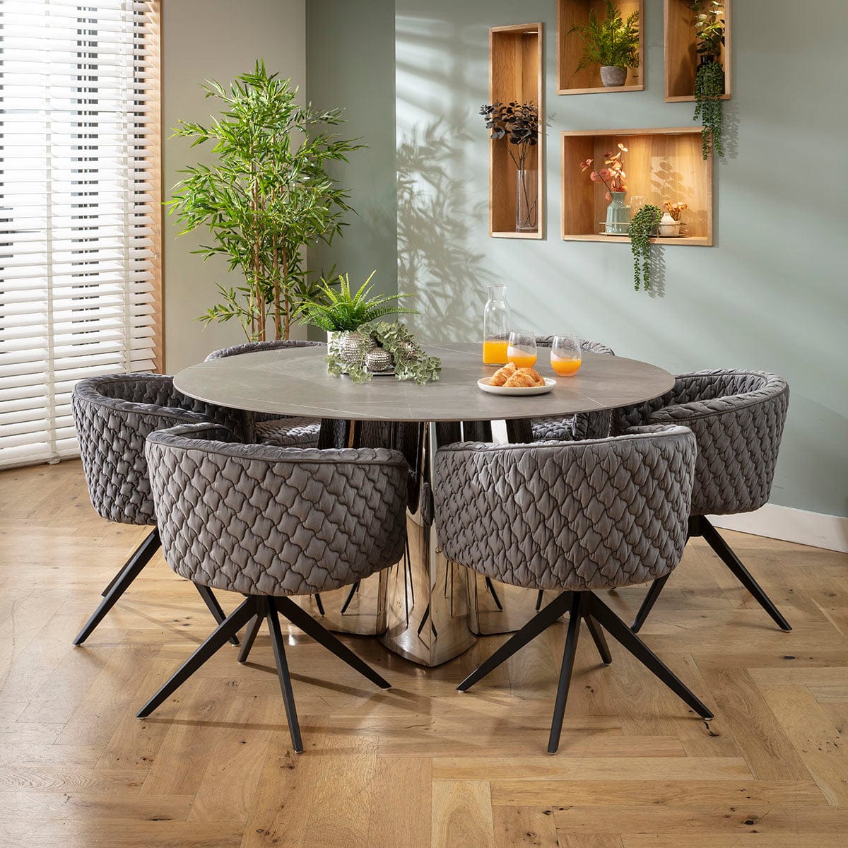 Ensemble de salle à manger moderne 6 places Maple &amp; Dynasty en céramique effet marbre gris et argent