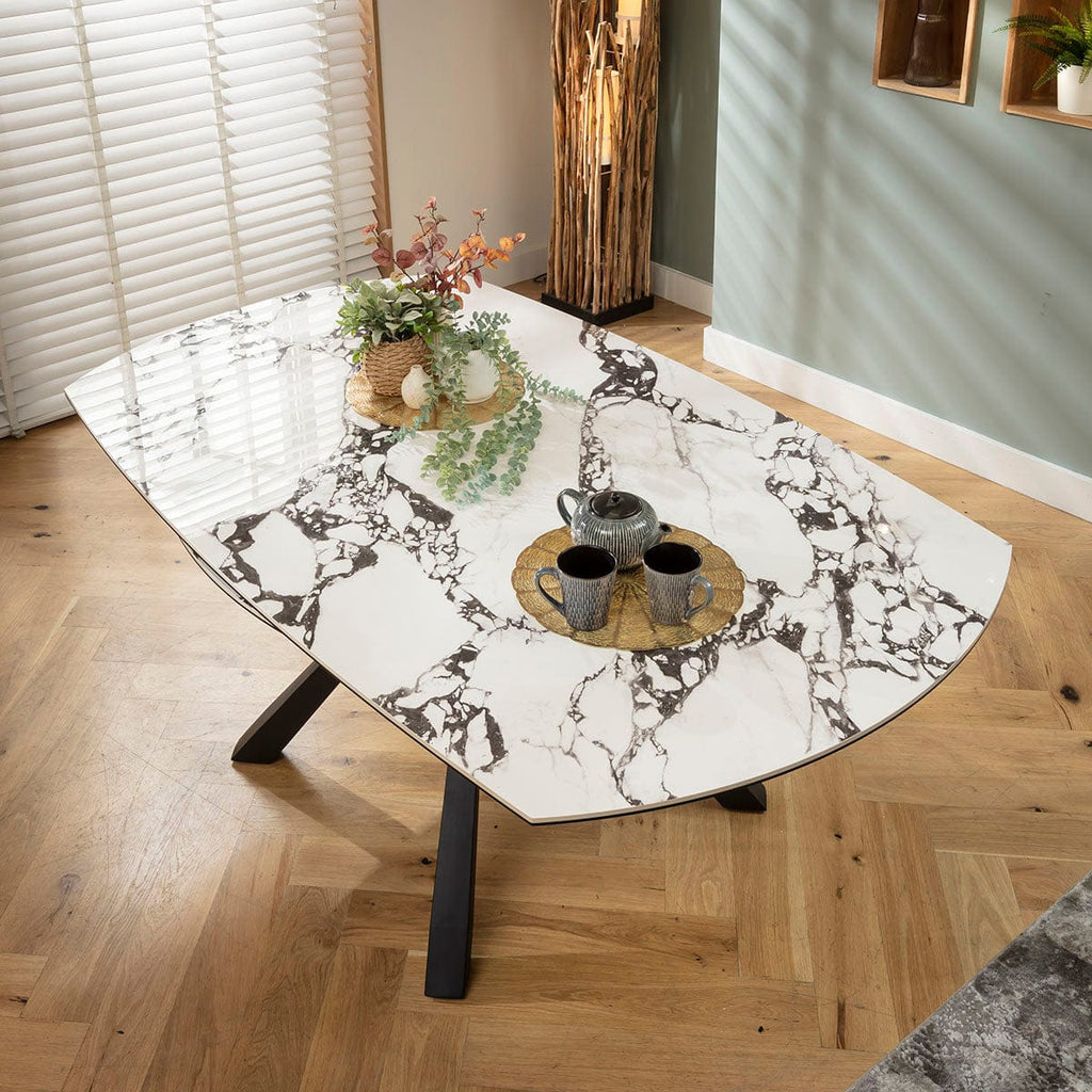 Table de salle à manger ronde extensible Rudie, céramique blanche veinée noire, 115-190 cm