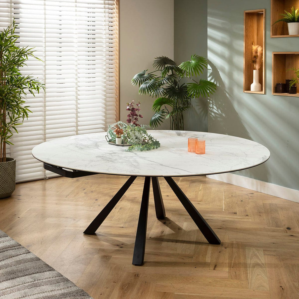 Table de salle à manger ronde extensible Rudie, céramique blanche mate, 115-190 cm