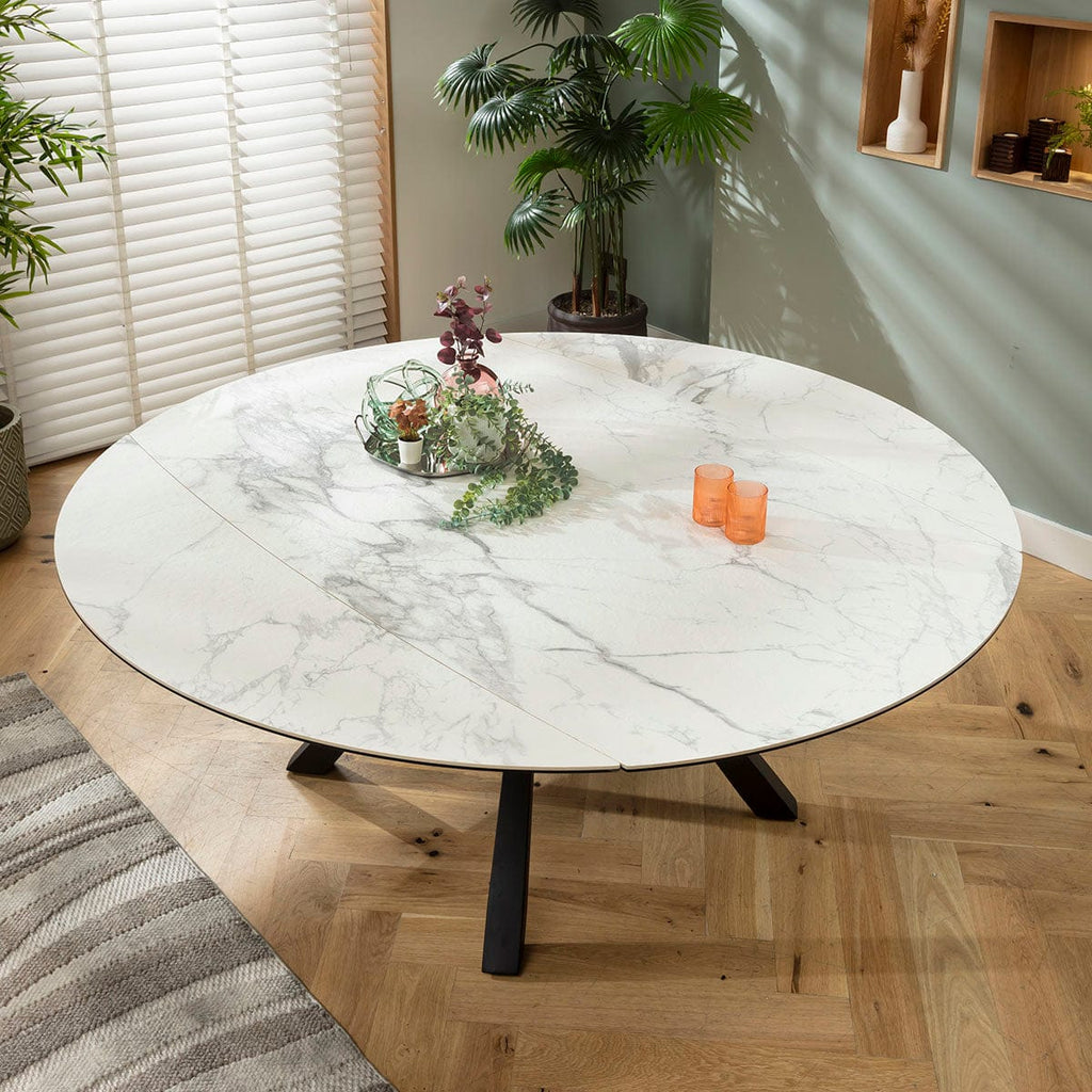 Table de salle à manger ronde extensible Rudie, céramique blanche mate, 115-190 cm