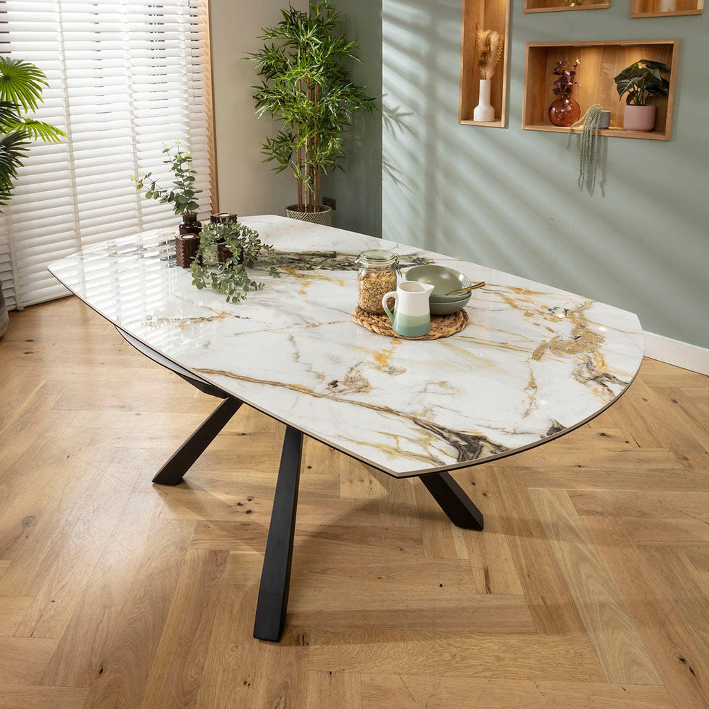 Ensemble de salle à manger rond extensible 6 places Maple &amp; Rudie, céramique jaune moutarde et blanche