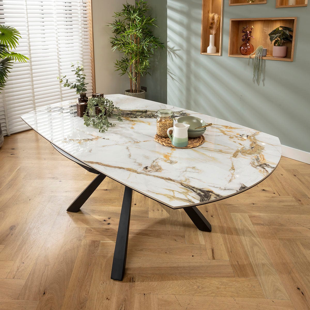 Ensemble de salle à manger rond extensible 6 places Maple &amp; Rudie, céramique jaune moutarde et blanche