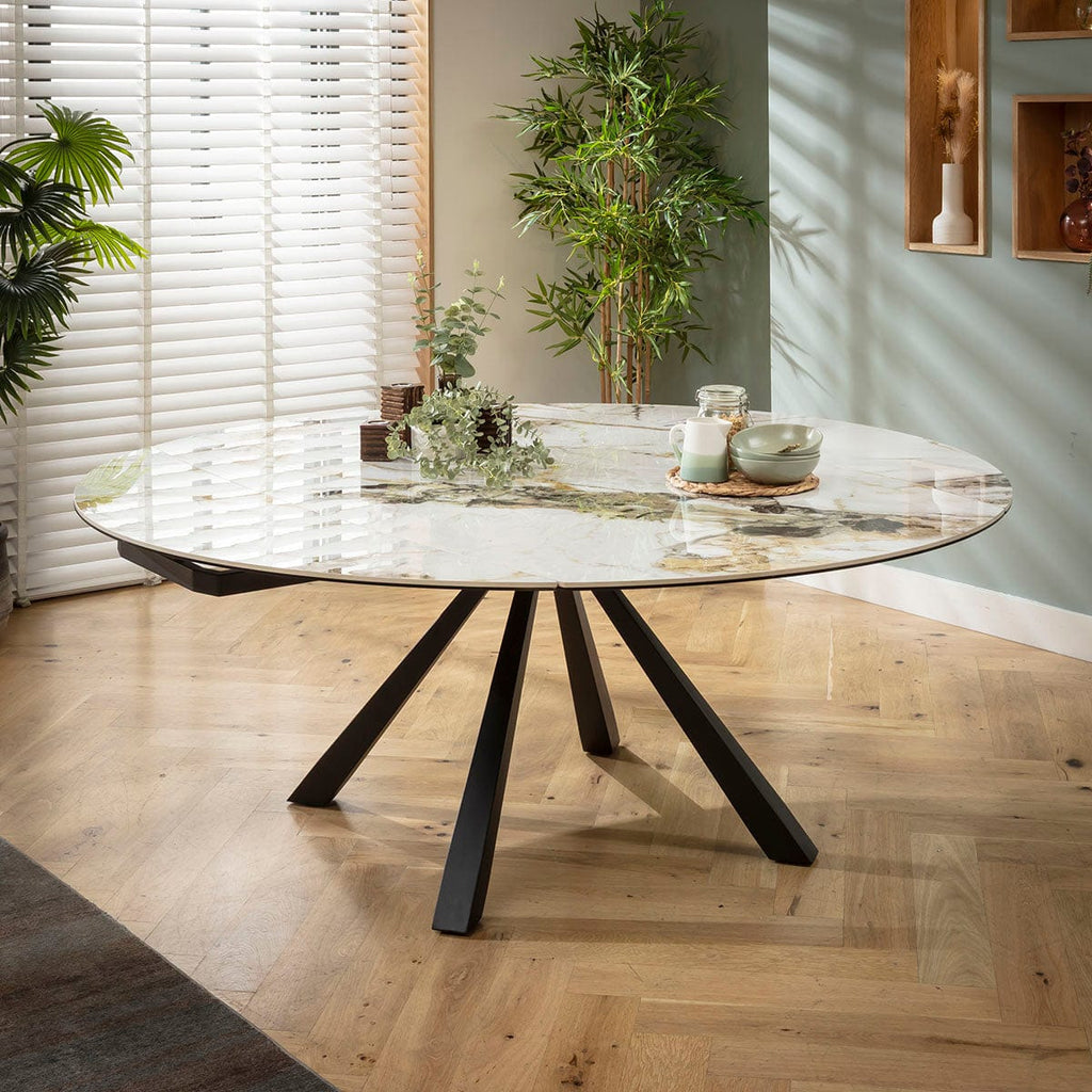 Table de salle à manger ronde extensible Rudie, céramique blanche veinée or et vert, 115-190 cm