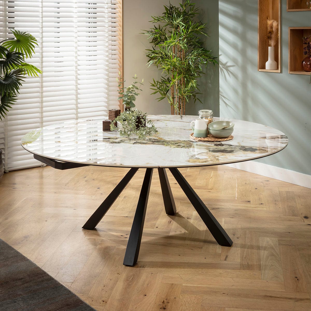 Table de salle à manger ronde extensible Rudie, céramique blanche veinée or et vert, 115-190 cm